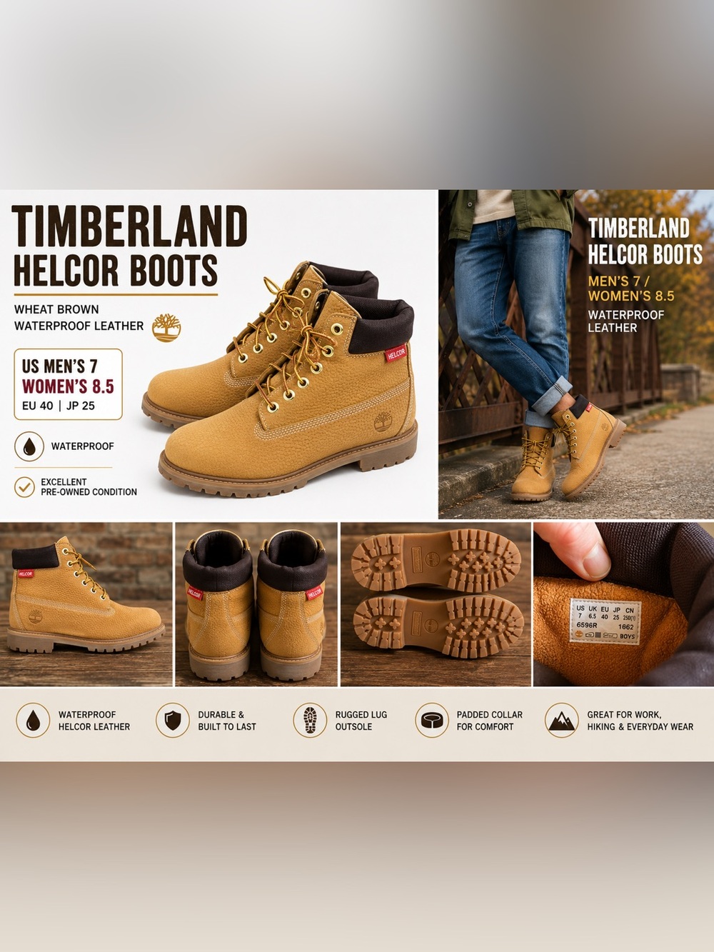 Timberland Helcor Waterproof Boots Men’s Size 7 (Women’s 8.5 Equivalent)